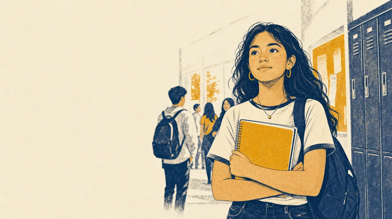 Illustration of a teenage girl standing in a school hallway holding a notebook and wearing a backpack, looking ahead with a calm, confident expression while other students talk in the background.