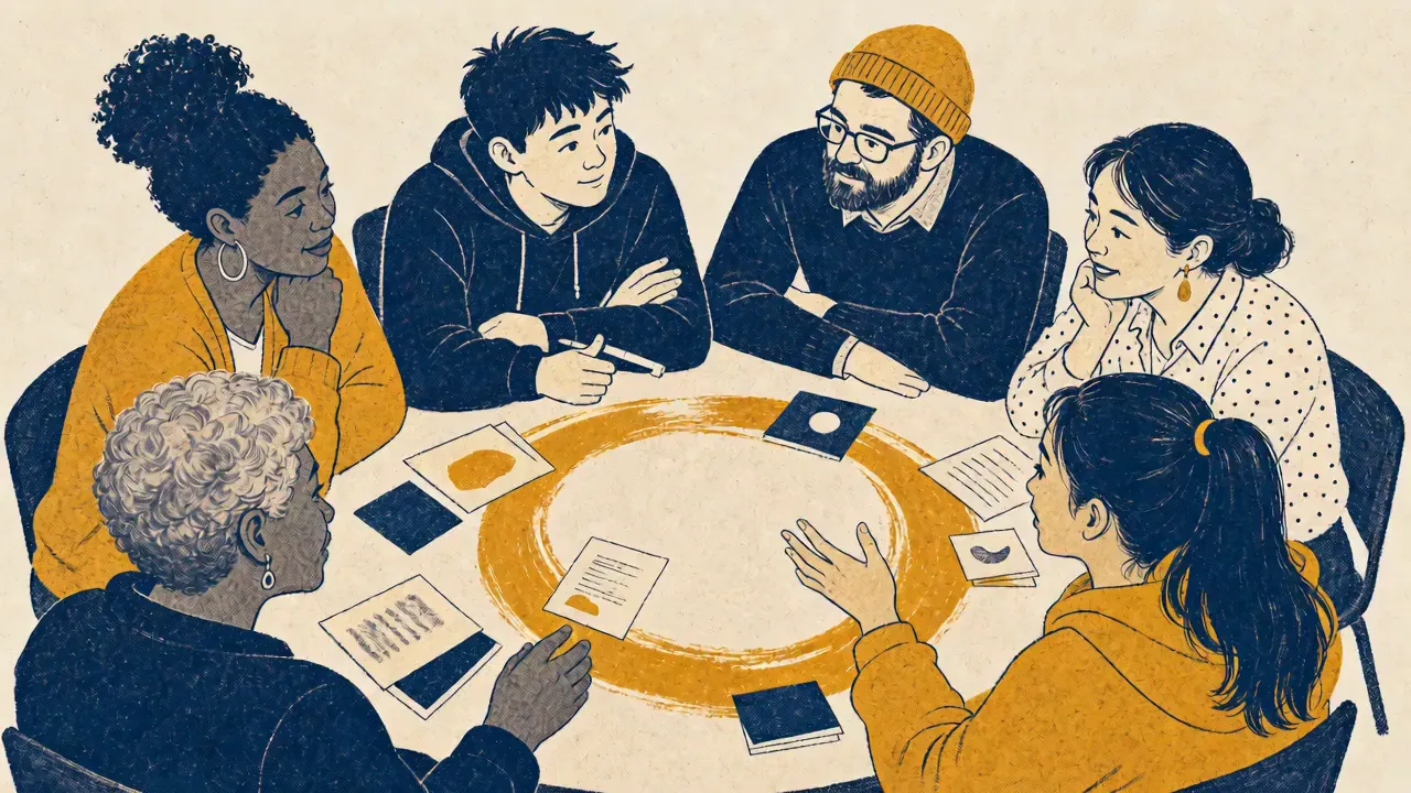 Animation: young people and adults talk around a round community table