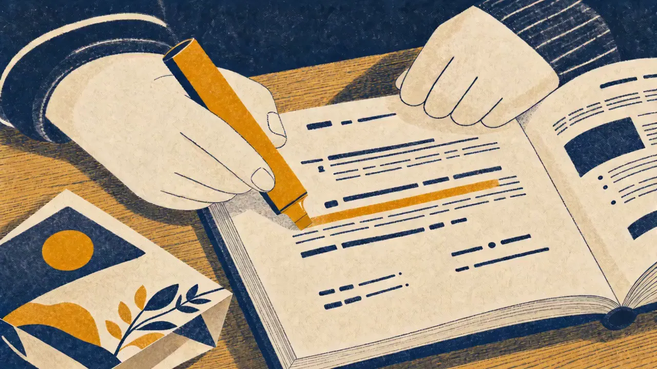 Animation: a hand highlights a line of a printed guide with a yellow marker