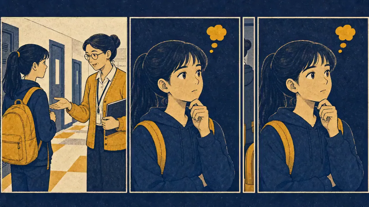 Illustrated sequence: a student notices a situation, pauses to think, and calmly asks a question
