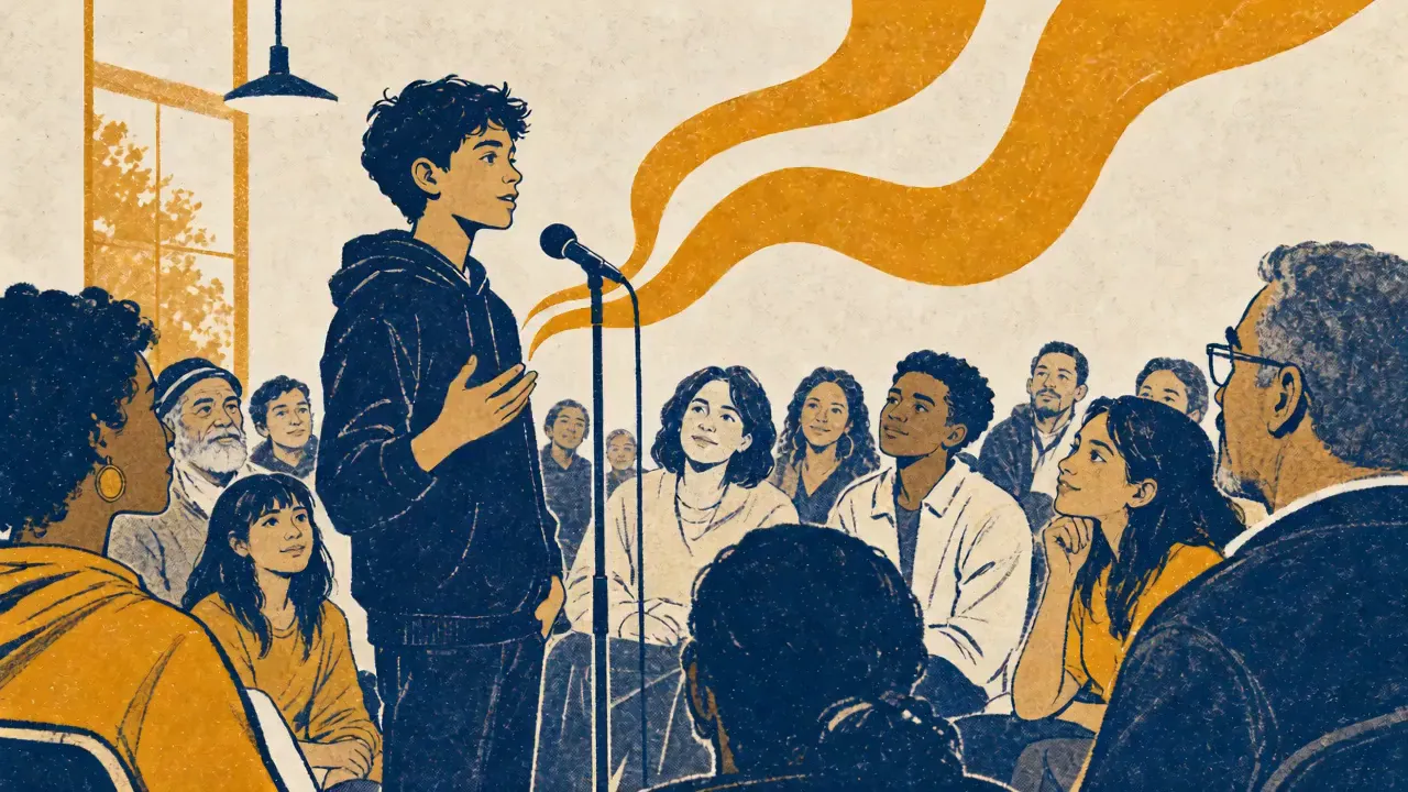 Animation: a young person speaks calmly at a community microphone as a golden ribbon rises like his voice